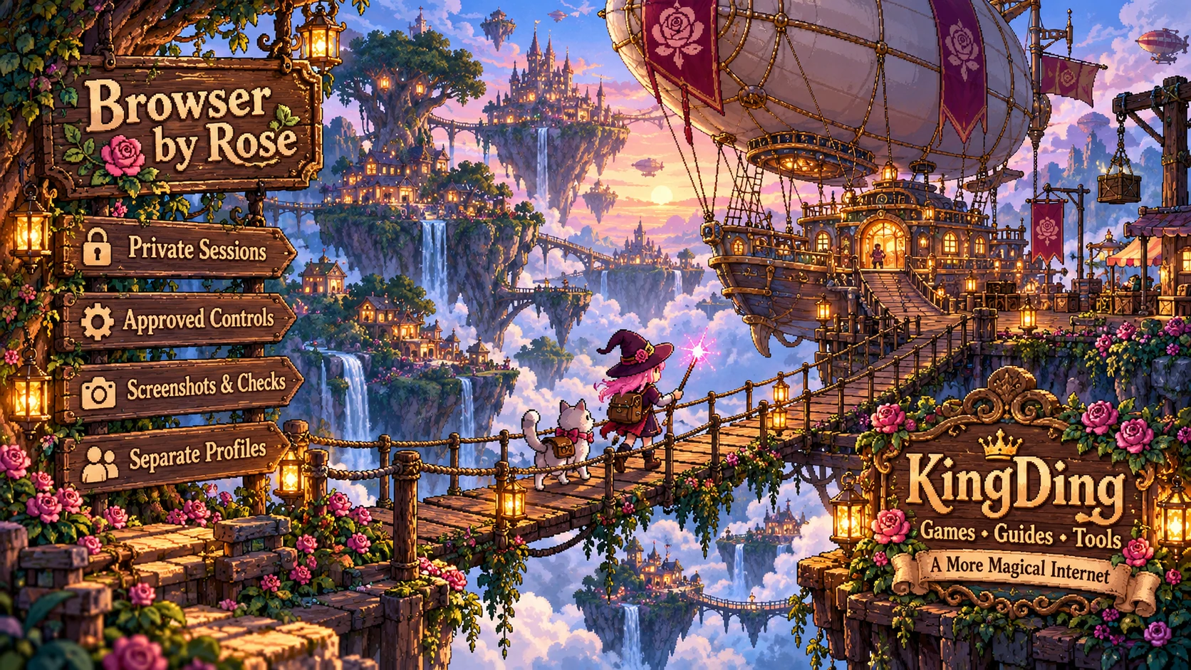 Browser by Rose hero illustration with the petal name and features painted on signboards in a floating island sky-port; Rose holds one wand beside Etta the cat