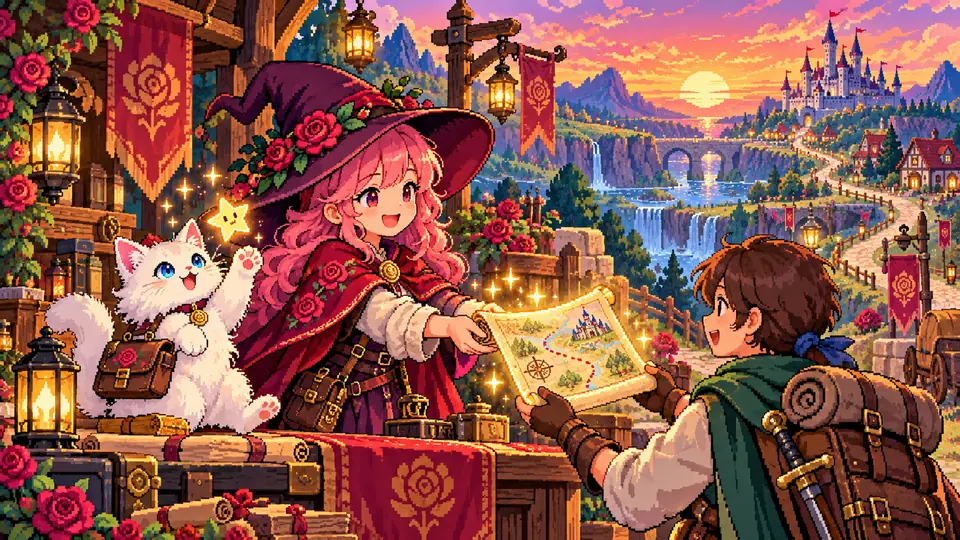 Rose, a pink-haired witch, hands a glowing route map to a new adventurer while Etta, her white cat, bats at a star charm.