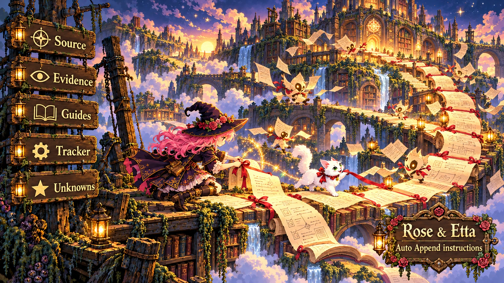 Rose and Etta follow a winding library trail, adding a parchment to an ordered scroll.