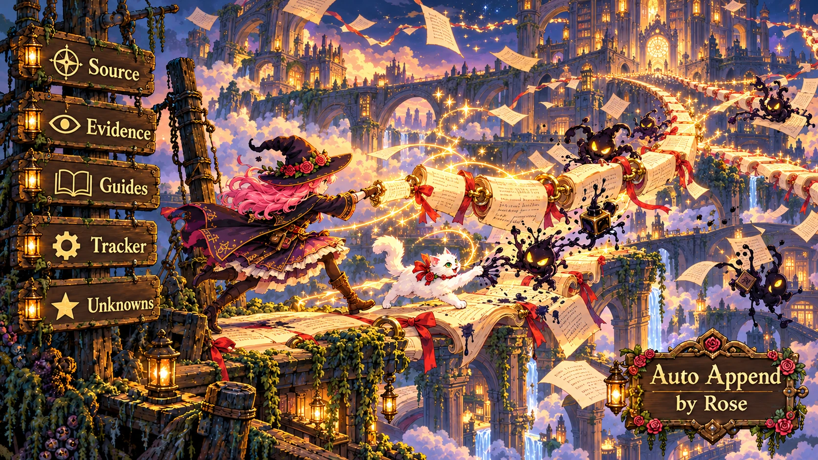 Rose and Etta append a glowing scroll while battling mischievous ink imps.