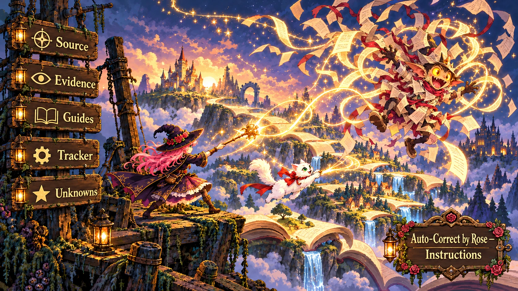 Rose and Etta use magic to defeat a playful typo gremlin amid floating parchment.