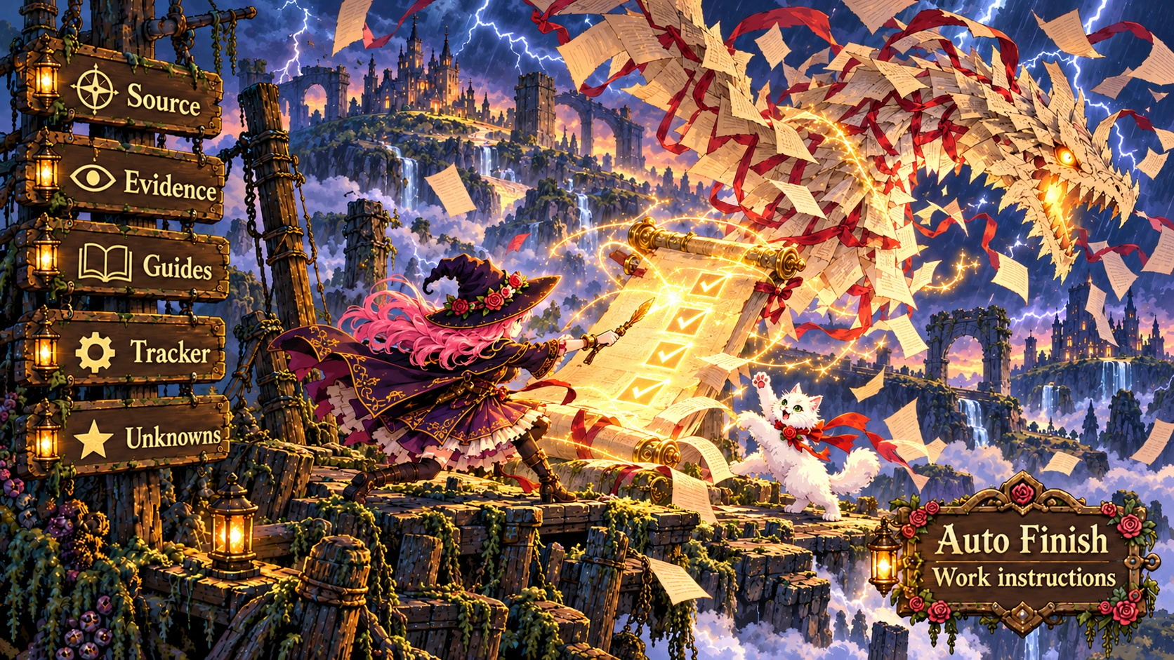 Rose and Etta complete a quest checklist while facing a paper dragon.