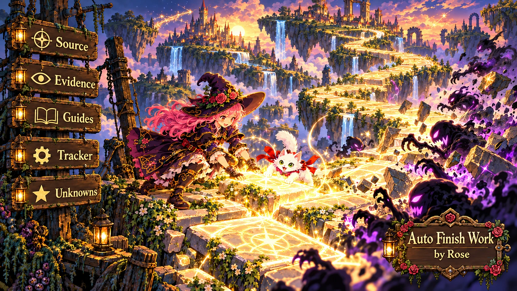 Rose and Etta complete a glowing causeway as shadow creatures approach.