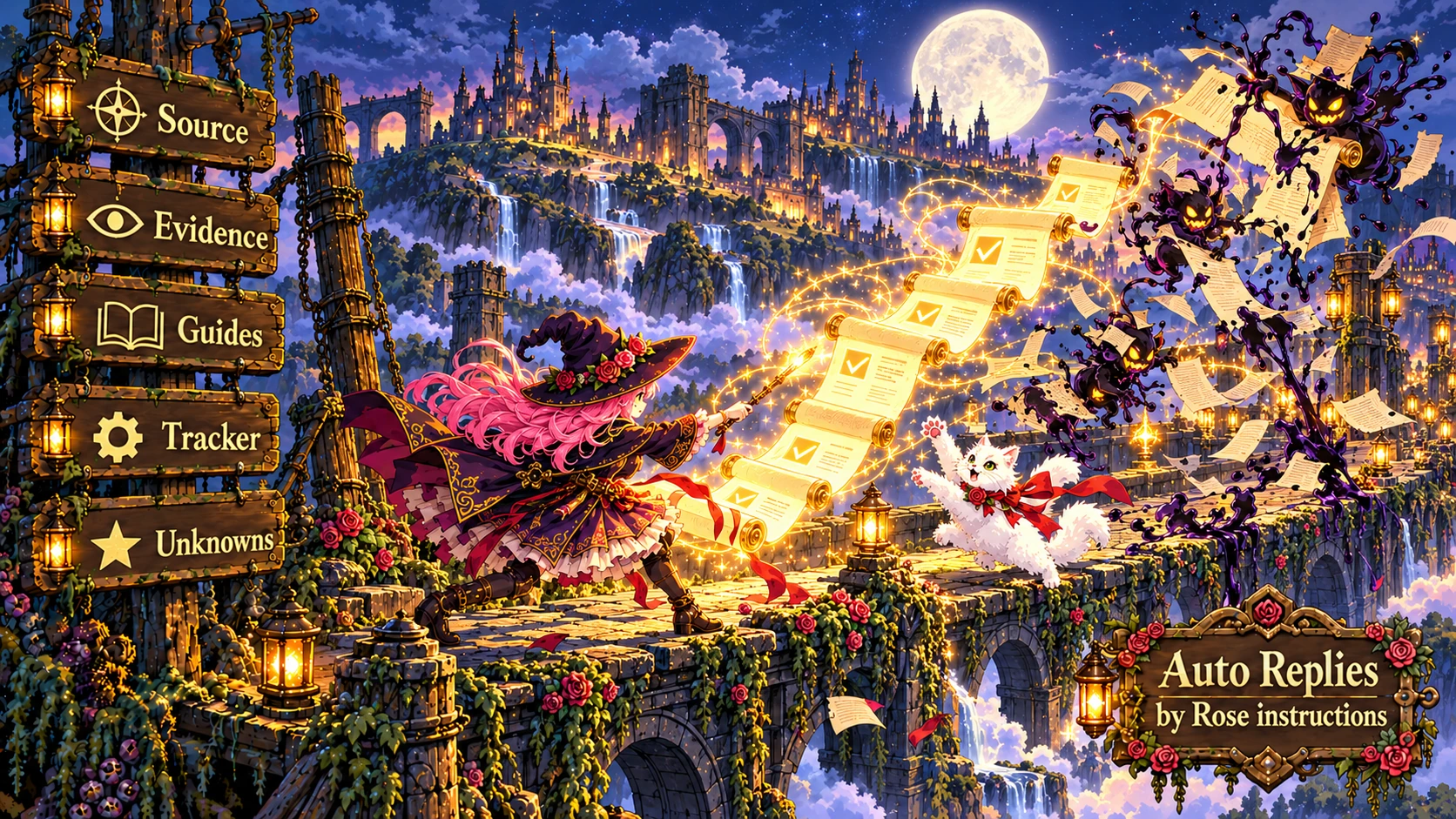 Rose and Etta protect a glowing sequence of reply scrolls from ink gremlins on a moonlit bridge.