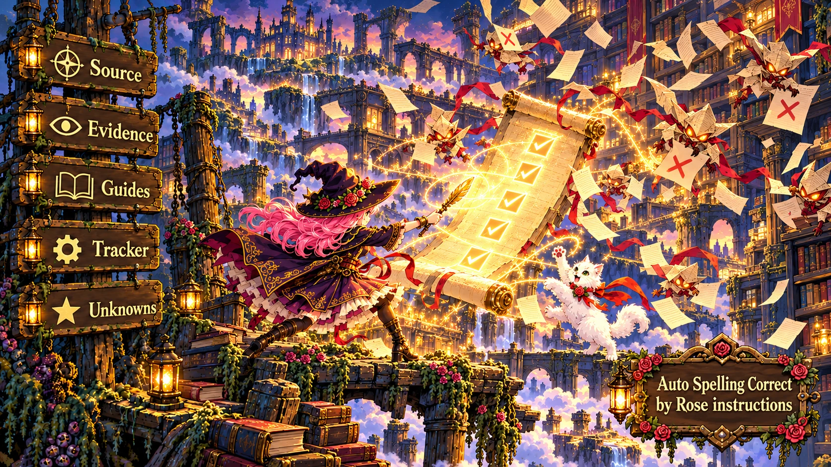 Rose and Etta mark the final steps on a glowing spell-check scroll as paper imps attack.