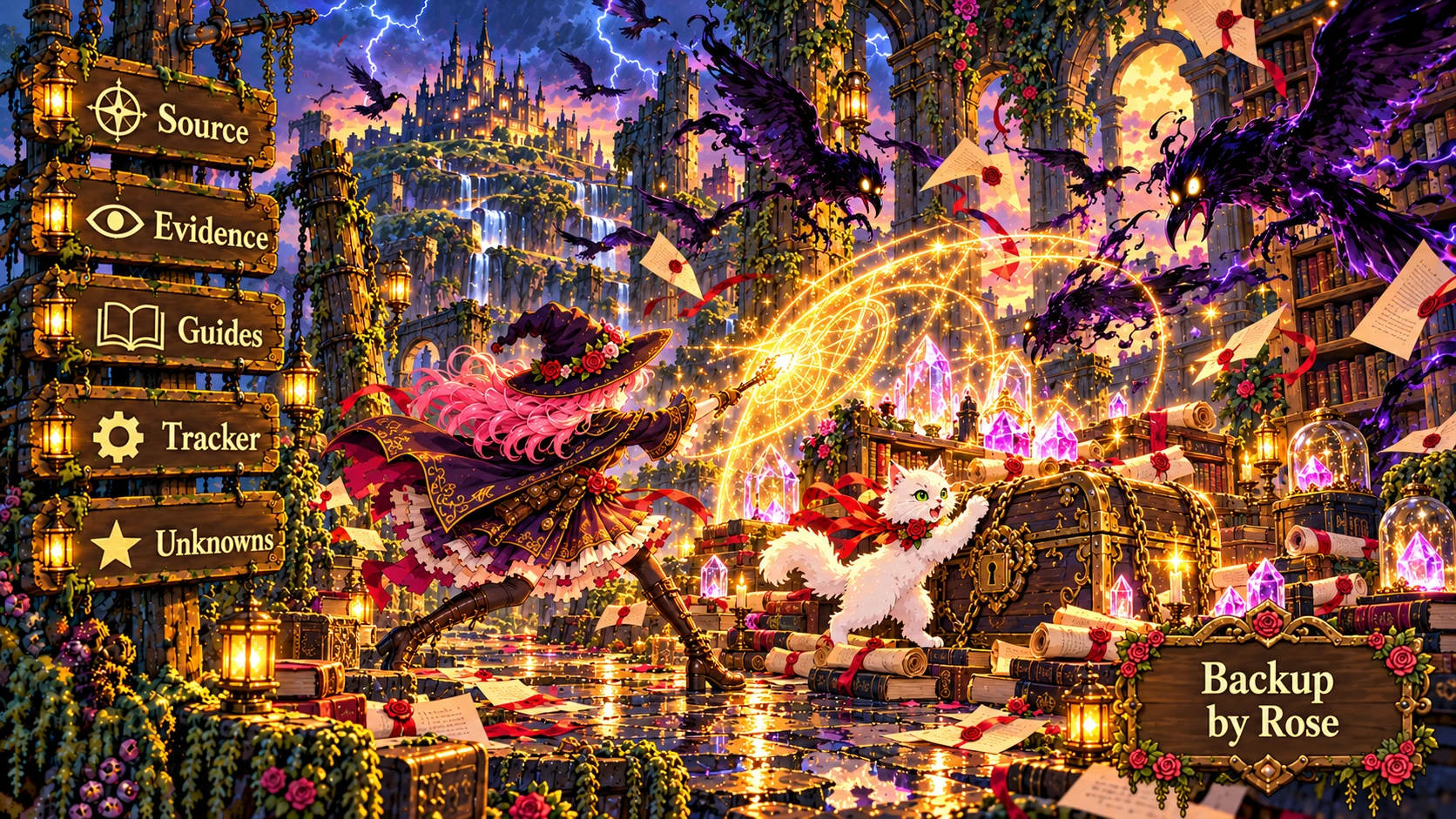 Rose and Etta follow a glowing trail of checked decisions while shadow creatures pursue.