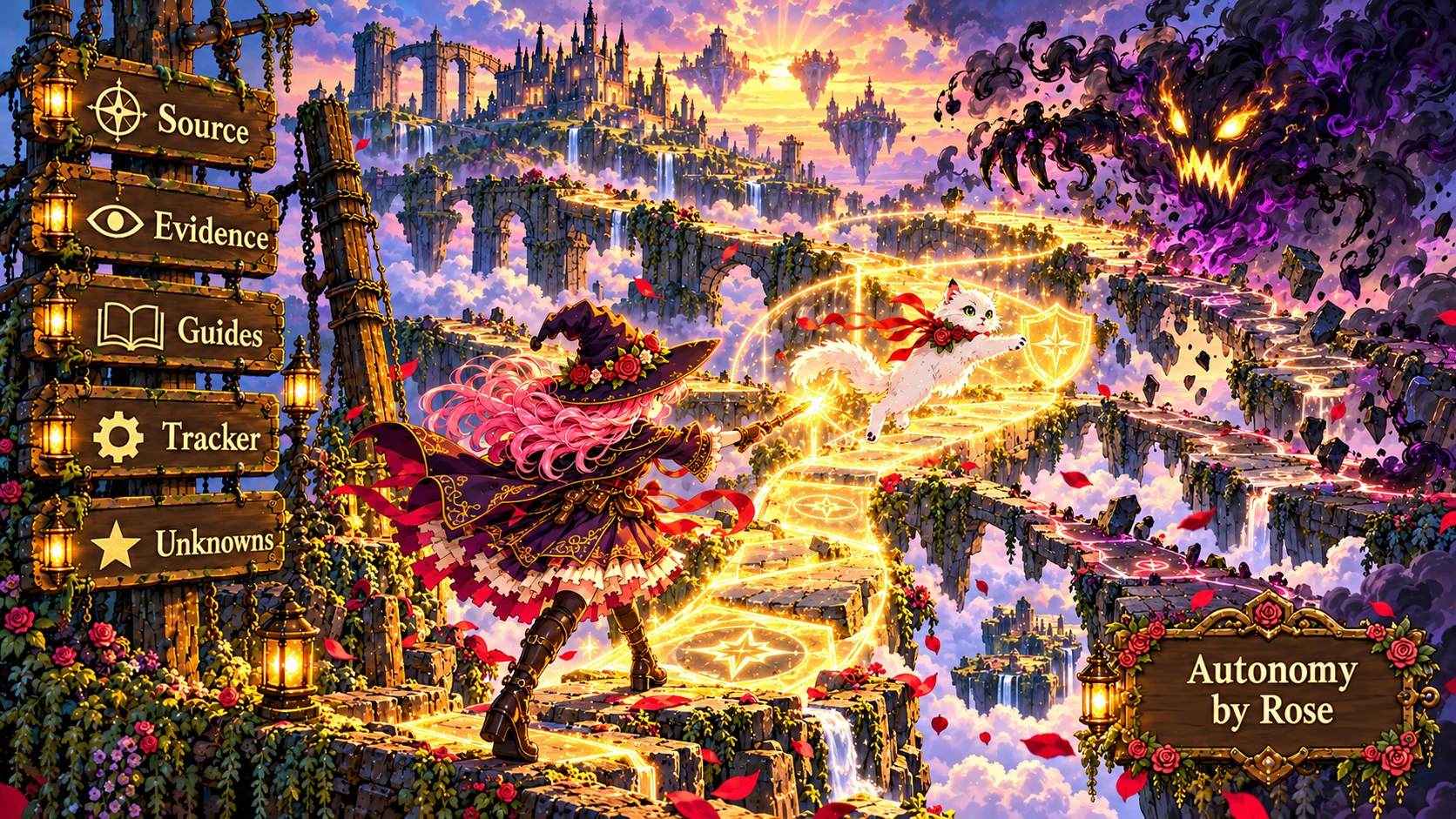 Rose and Etta navigate a branching sky road as a smoky beast approaches.