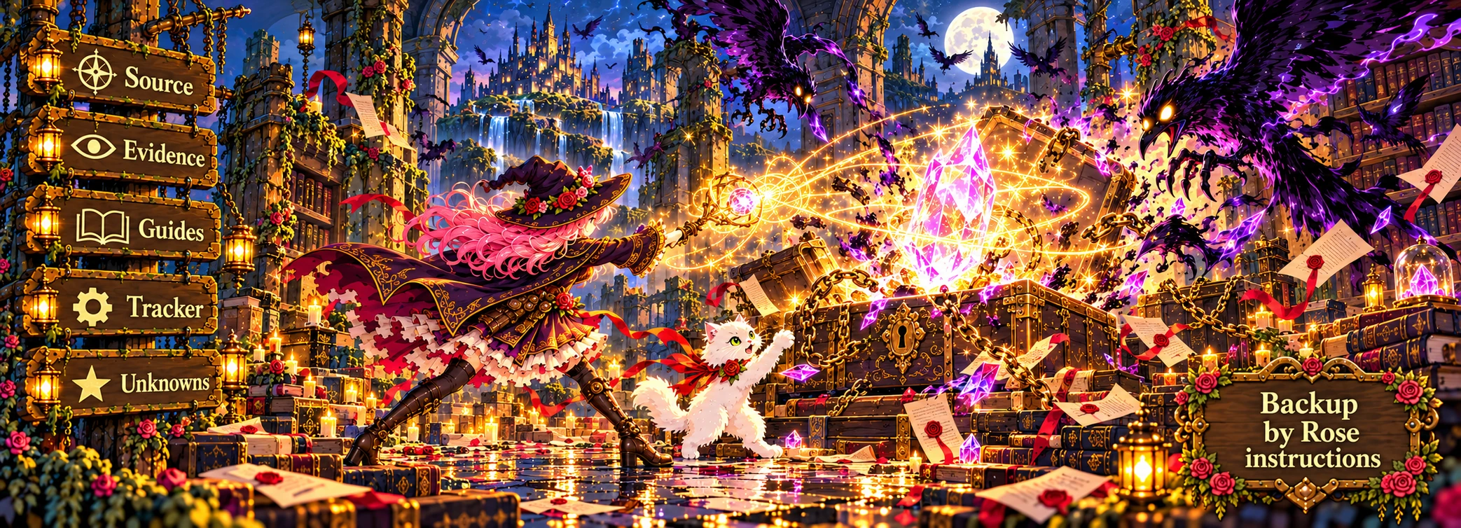 Rose and Etta recover a memory crystal from a sealed archive chest while a shadow creature attacks.