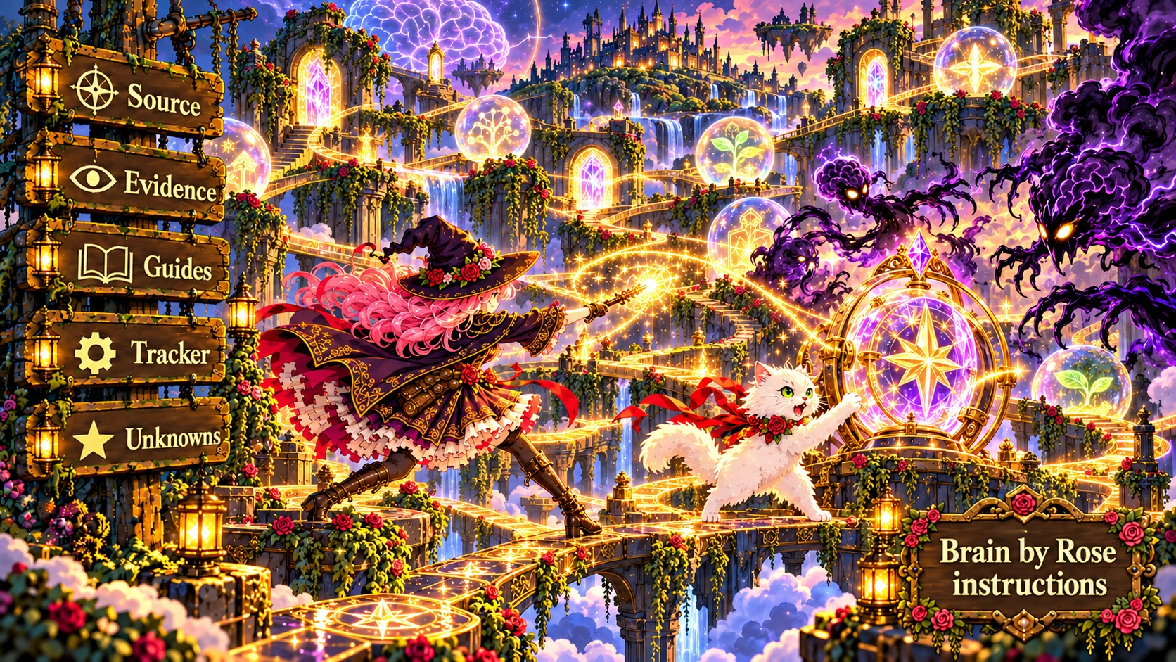 Rose and Etta cross a glowing thought-maze while a brain-wisp approaches.