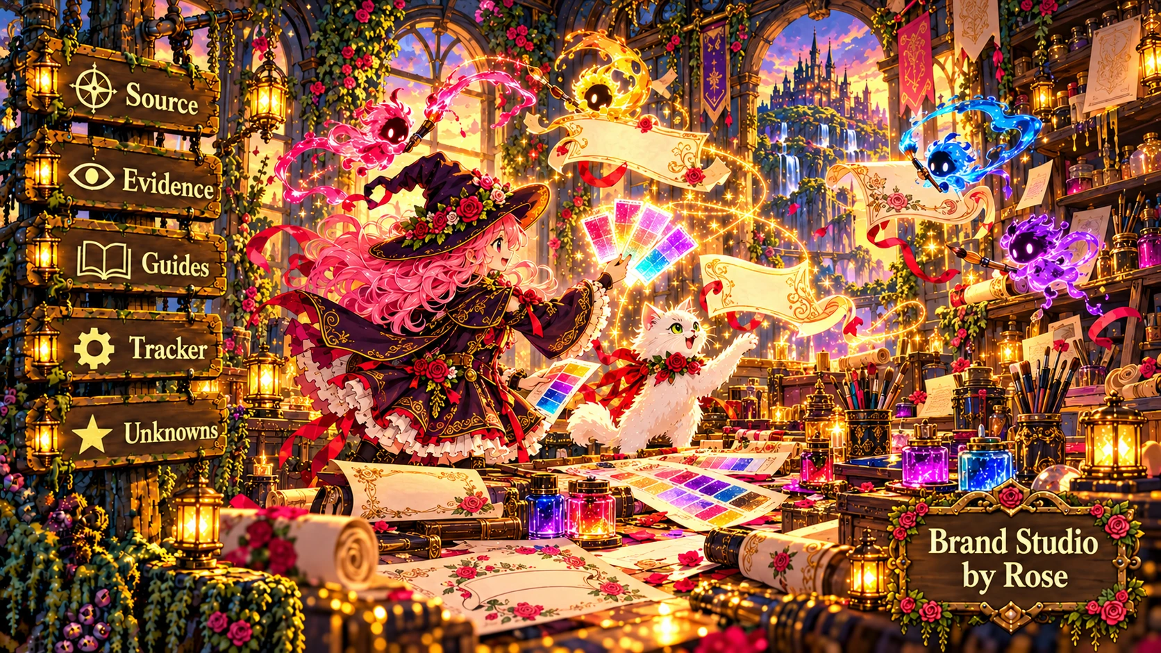 Rose and Etta select glowing colour swatches and blank banners in a magical studio.