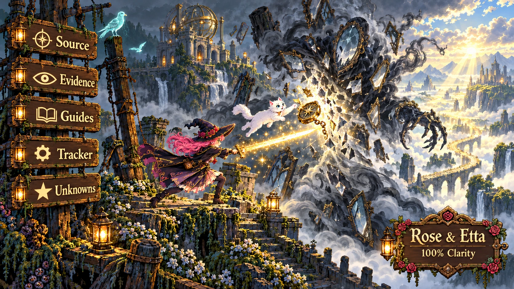 Rose and Etta fight a smoky wraith beside a five-plank signpost labelled Source, Evidence, Guides, Tracker and Unknowns.