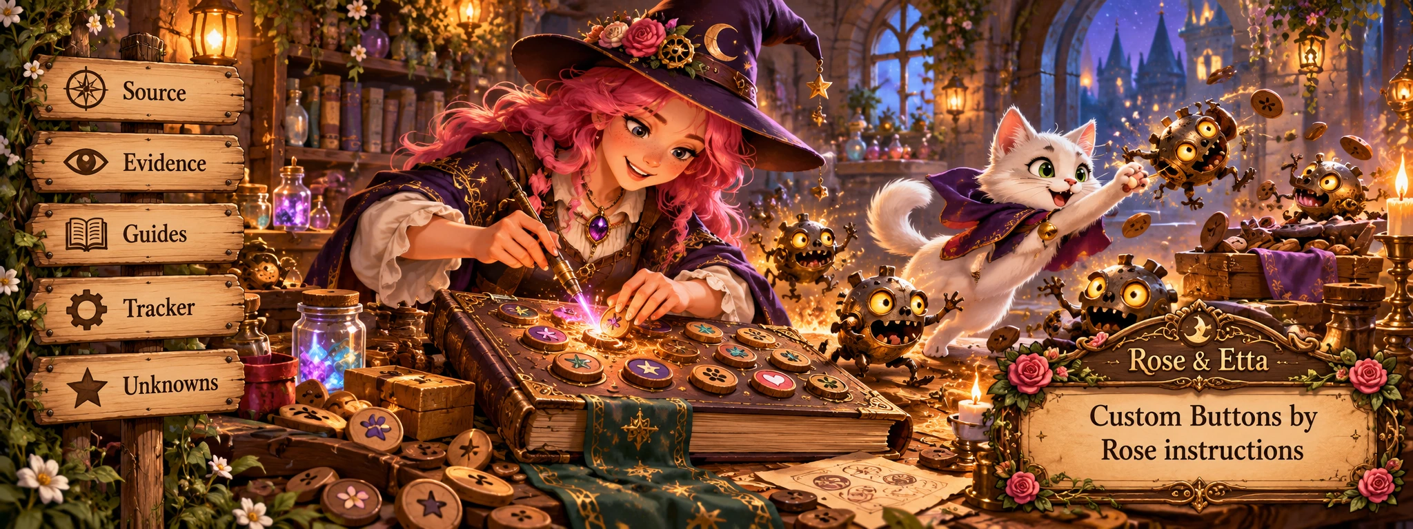 Rose and Etta β Custom Buttons by Rose instructions, an illustrated magical adventure