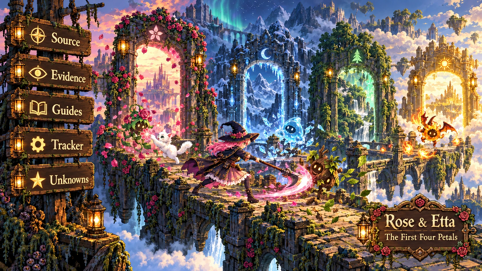 Rose and Etta battle shadow monsters across four magical portals beside a signpost labelled Source, Evidence, Guides, Tracker and Unknowns.