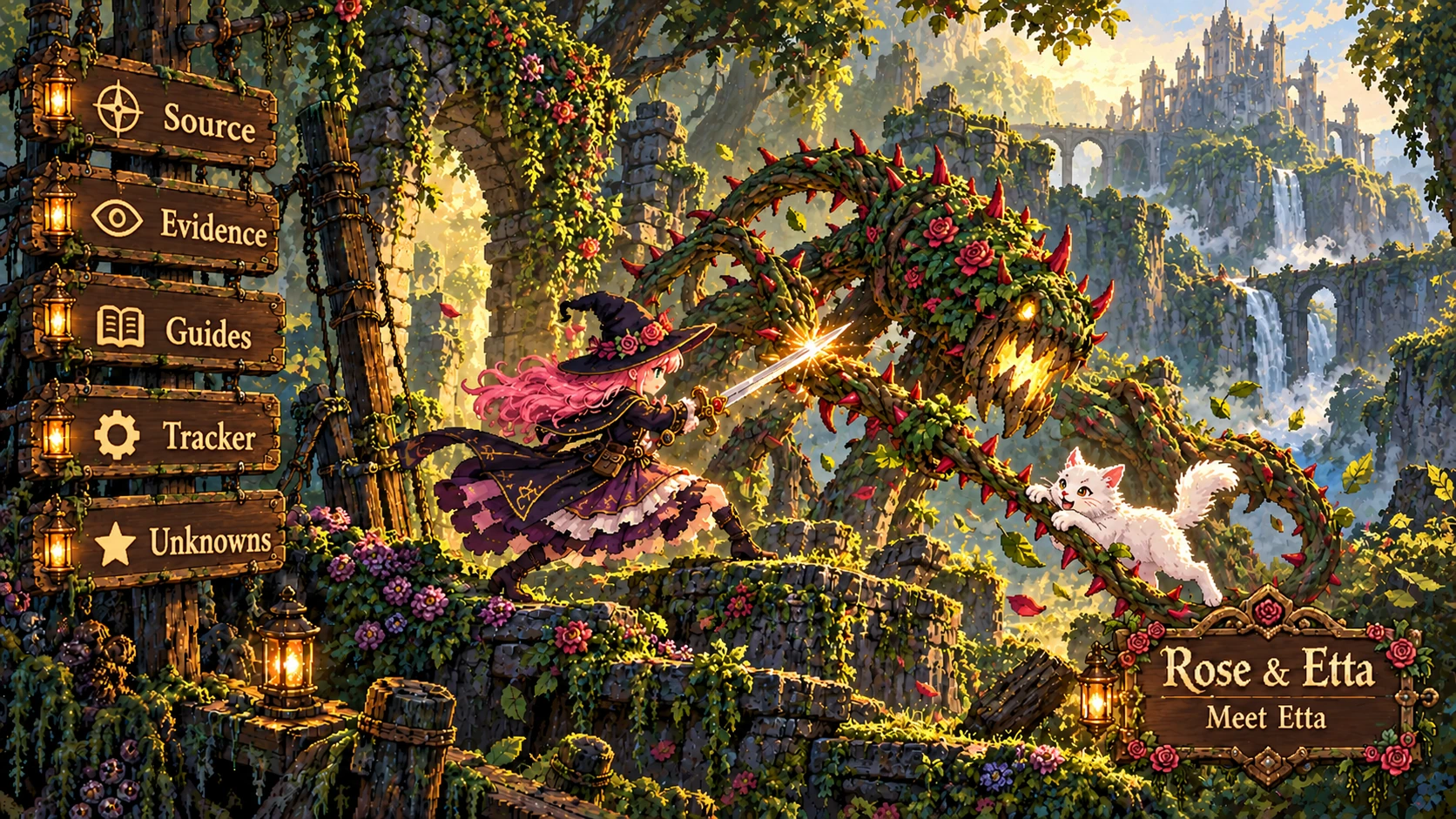 Rose and Etta fight a thorn monster in a magical forest beside a signpost labelled Source, Evidence, Guides, Tracker and Unknowns.