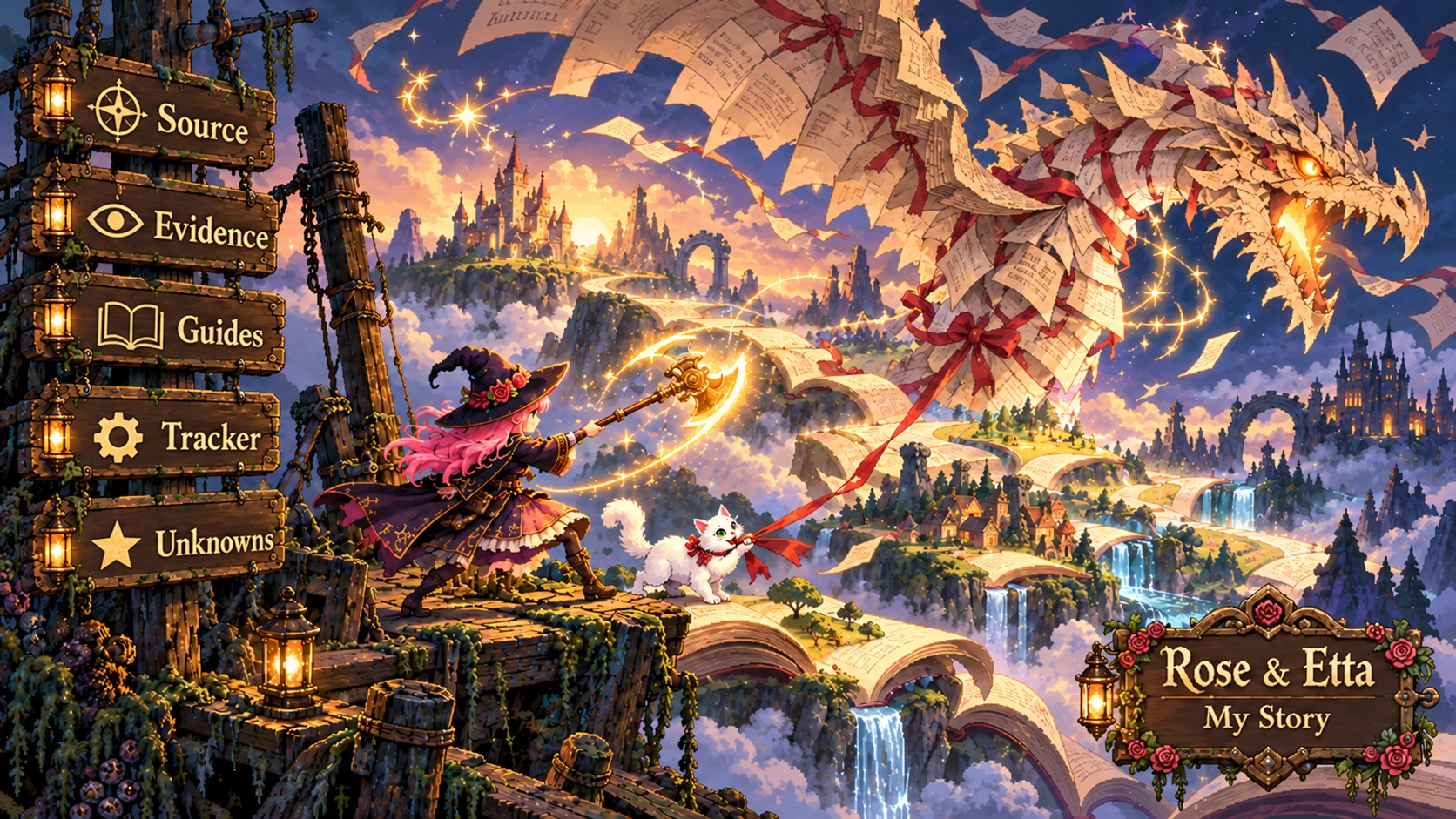 Rose and Etta face a paper dragon above a storybook landscape beside a signpost labelled Source, Evidence, Guides, Tracker and Unknowns.