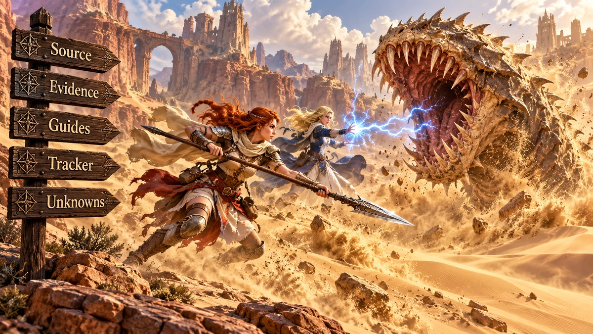 Rose and Etta battle a sand wyrm in a desert canyon for the Obvious instructions