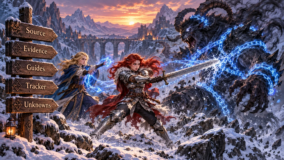 Rose and Etta fight a horned shadow beast in a snowy pass for the OpenCode instructions