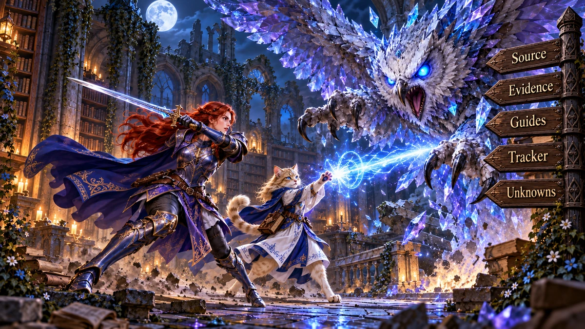 Rose and Etta, a blonde cat mage, battle a crystal owl in a moonlit library for Personality instructions