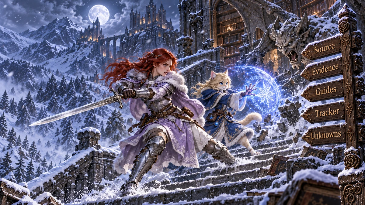 Rose and Etta, a blonde cat mage, fight a stone gargoyle on a snowy mountain for Plain English by Rose