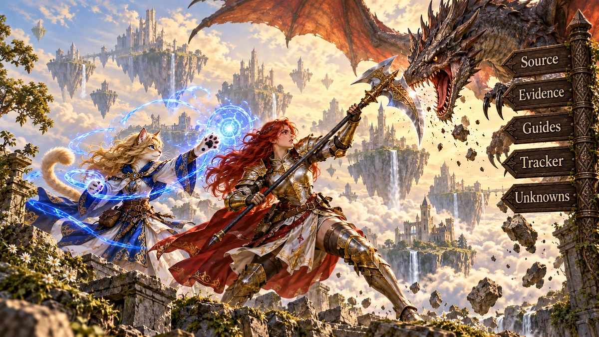 Rose and Etta, a blonde cat mage, fight a wyvern among floating islands for Prompt Corrector instructions