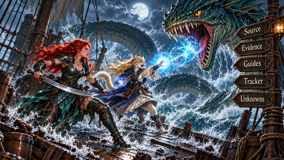 Rose and Etta, a blonde cat mage, fight a sea serpent on a storm-tossed ship for Prompt Corrector