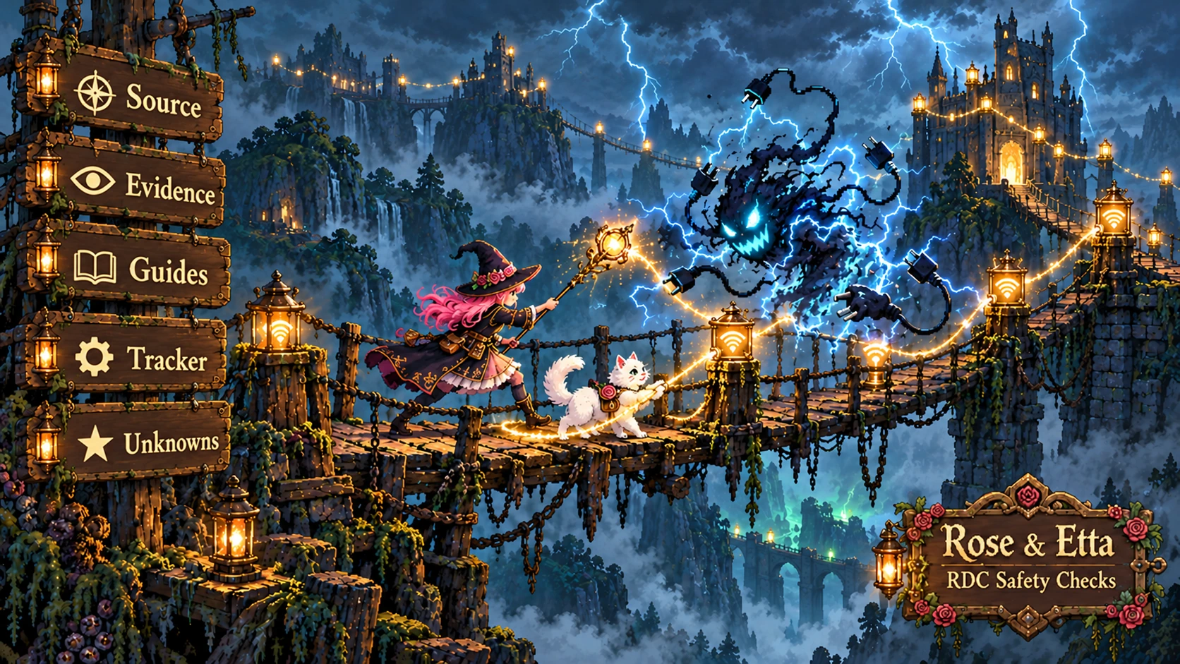 Rose and Etta confront a storm wraith on a lantern bridge beside a signpost labelled Source, Evidence, Guides, Tracker and Unknowns.