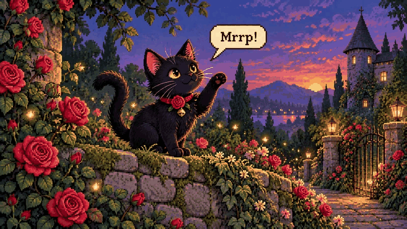 Animated 16-bit pixel-art portrait of Etta the black cat with a “Mrrp!” speech bubble and tiny twinkling garden lights