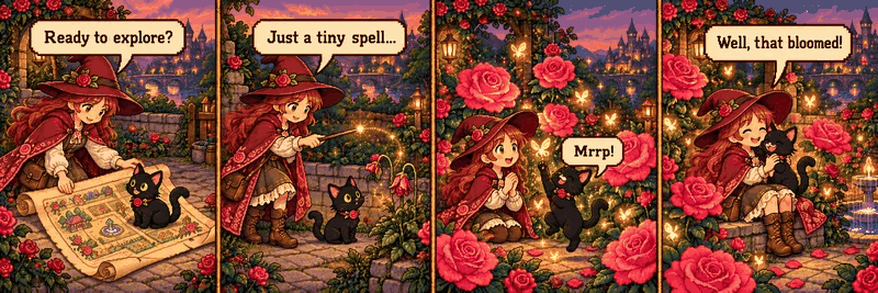 Four-panel 16-bit RPG cartoon: Rose the witch and Etta the cat explore a garden, share speech bubbles, and watch tiny magical stars twinkle