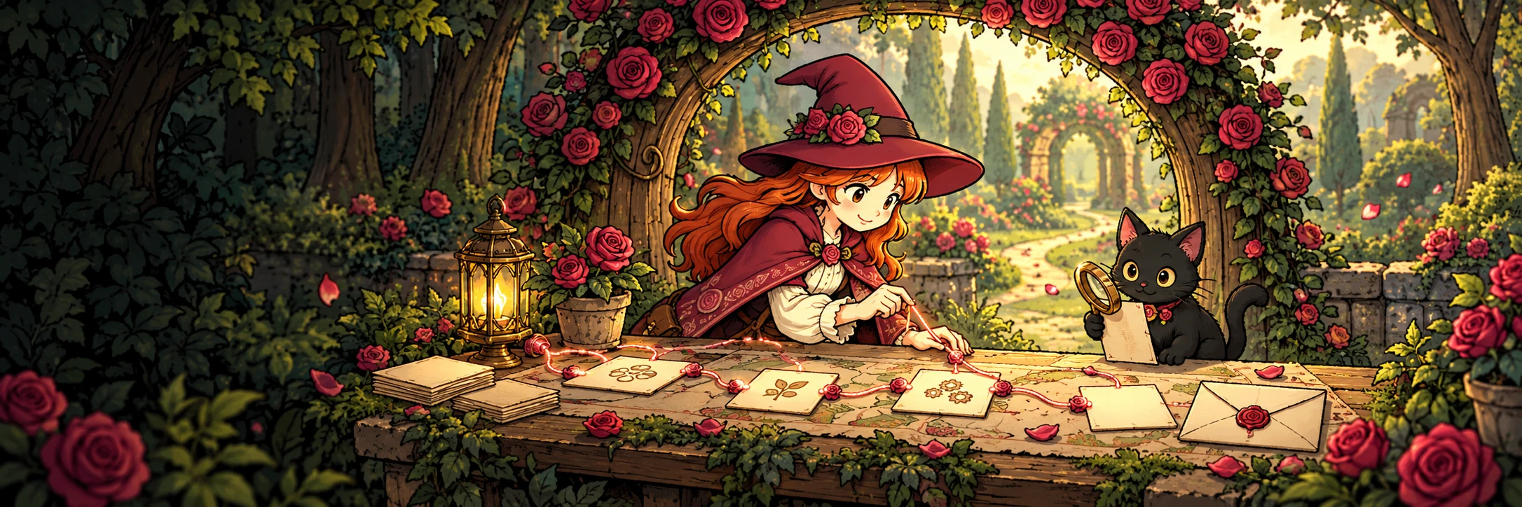 Rose and Etta look over a parchment path of task cards in a rose garden; concept illustration, not a product screenshot