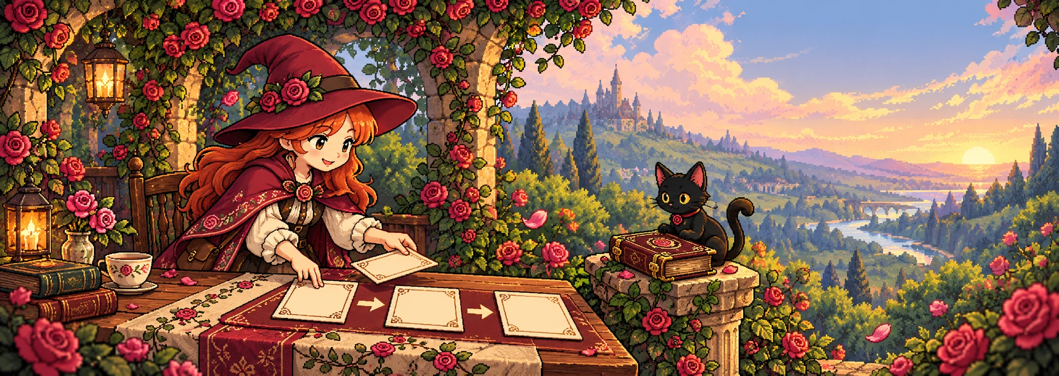 Rose and Etta map a three-step workflow using connected cards in a garden; concept illustration, not a product screenshot