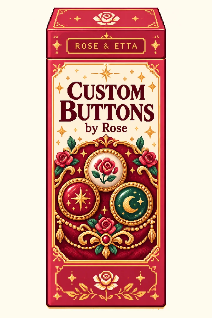 Pixel-art ROSE & ETTA packaging concept for Custom Buttons by Rose
