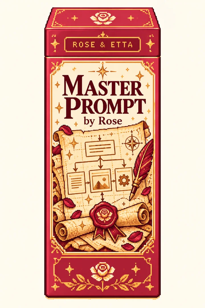Pixel-art ROSE & ETTA packaging concept for Master Prompt by Rose