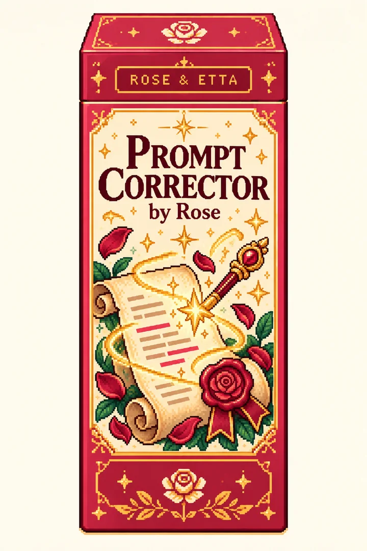 Pixel-art ROSE & ETTA packaging concept for Prompt Corrector by Rose