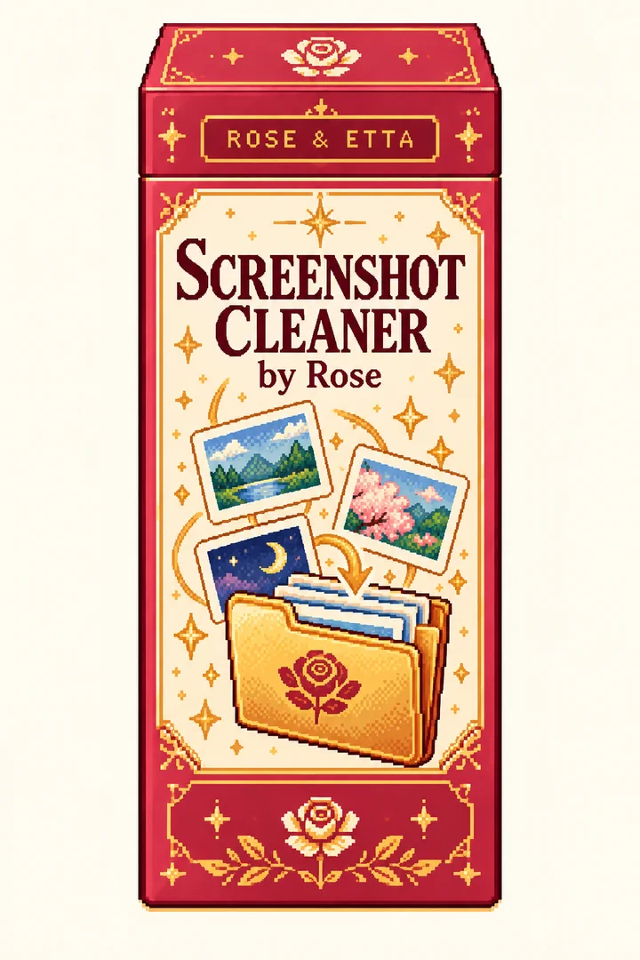 Pixel-art ROSE & ETTA packaging concept for Screenshot Cleaner by Rose
