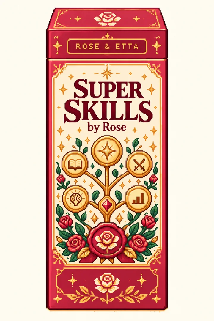 Pixel-art ROSE & ETTA packaging concept for Super Skills by Rose