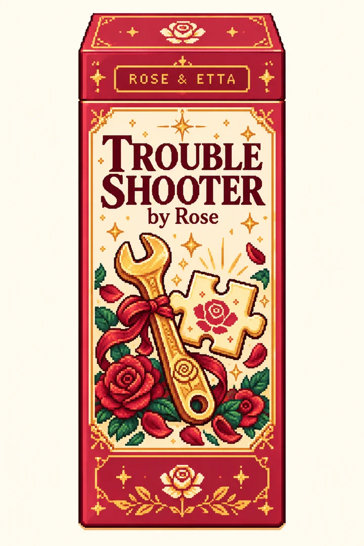 Pixel-art ROSE & ETTA packaging concept for Trouble Shooter by Rose
